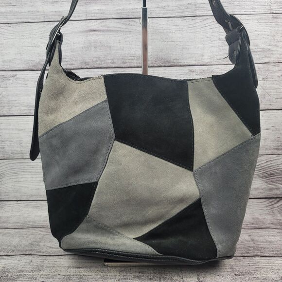 Emma Fox Leather Purse Shoulder Bag Strap Tote Bucket Style Black Gray Patchwork - Picture 3 of 11